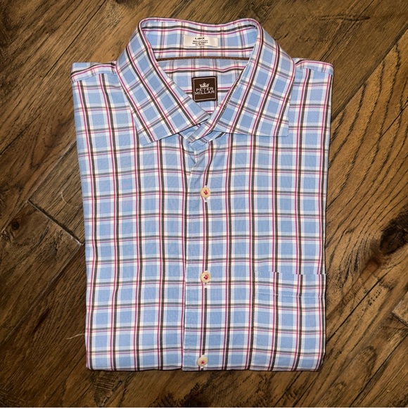 Peter Millar Crown Comfort Dress Shirt Pink Blue Brown Plaid - Picture 8 of 10